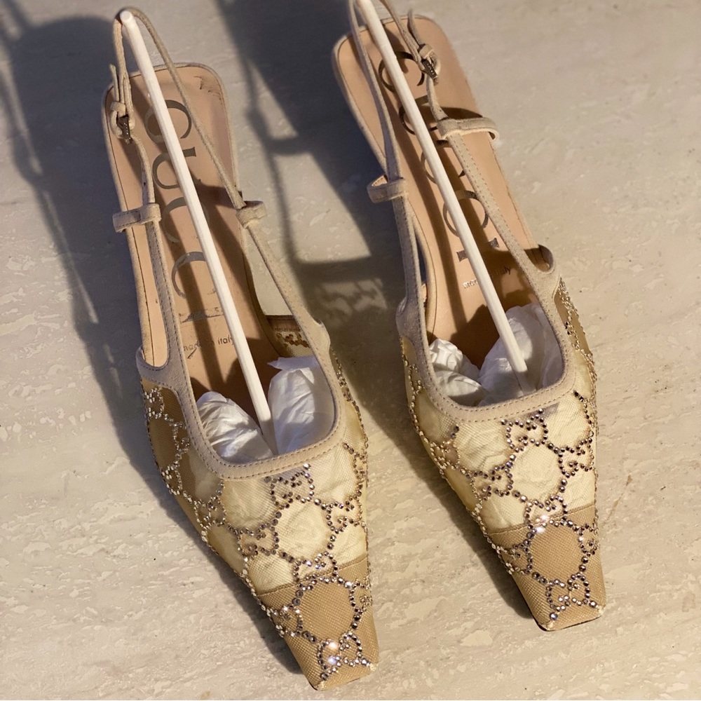 New Gucci GG-logo crystal-embellished pumps Size 38.5